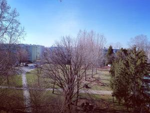 a park with trees and a building in the background at Studio apartman IN Self check in in Osijek