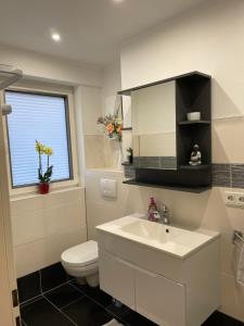 a bathroom with a sink and a toilet and a window at Bina Familienapartment Trier in Trier +9 photos