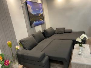 a living room with a couch and a painting at Bina Familienapartment Trier in Trier
