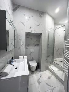 パリにある64-ラグジュアリー フラット シャンゼリゼ（1D）のバスルーム(トイレ、洗面台、シャワー付)