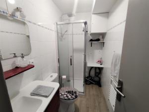 La salle de bains blanche est pourvue d'une douche et de toilettes. dans l'établissement Appartement T2 "JUNGLE" Centre Ville de VITRÉ au calme coté cour, à Vitré