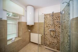 a bathroom with a shower with a glass door at Füzérradványi Kastély Üdülőház, Károlyi-kastély Füzérradvány in Füzérradvány +32 photos