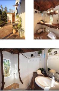 two pictures of a bathroom with a sink and a mirror at Can Piedrópolis in Cala Saona