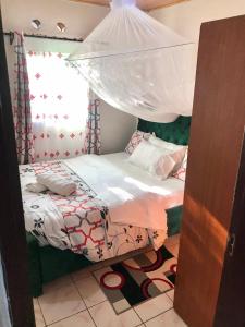 a bedroom with a bed with a mosquito net at Stone Island in Kisumu