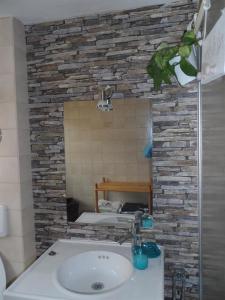 baño con lavabo y pared de piedra en Alpakahof Wechs en Bad Hindelang