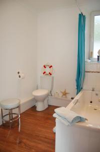 a bathroom with a tub and a toilet and a sink at Beach Vista Apartment One in Barmouth in Barmouth