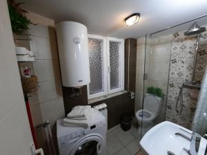 a bathroom with a washing machine and a sink at Authentic Belgrade Centre - Split level loft with patio in courtyard in Belgrade