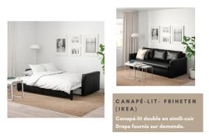 ein Schlafzimmer mit einem Bett und einer Couch in der Unterkunft Le Gite 1 - Appartement T2 de 53m2, idéal pro ou couples, coeur de ville et proche GOLFECH in Malause