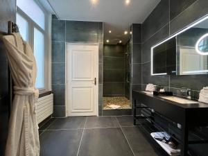 baño con ducha, lavabo y puerta en LOGIS Hôtel Borel en Dunkerque