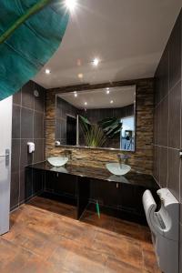 La salle de bains est pourvue de 2 lavabos et d'un miroir. dans l'établissement Hotel du Lac Foix, à Foix