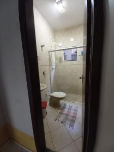 y baño con aseo, ducha y lavamanos. en Verdes Hostel Palmas-TO, en Palmas
