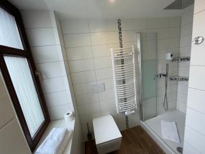 a white bathroom with a shower and a toilet at Avenue Das Gästehaus in Chemnitz