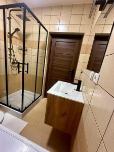 Apartament Wisteria في برزيميسل: حمام مع حوض ودش