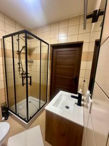 Apartament Wisteria في برزيميسل: حمام مع حوض استحمام ودش ومغسلة