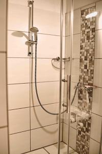 eine Dusche mit einer Glastür in einem Badezimmer in der Unterkunft Haus Vier Jahreszeiten am See HS 473 in Goslar + 31 Fotos