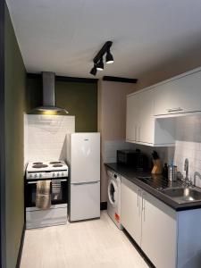 een keuken met een witte koelkast en een wastafel bij The Hideaway in Stratford-upon-Avon