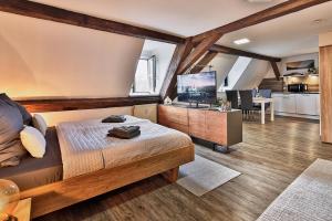 a bedroom with a bed and a tv in a room at LK1 top Lage Innenstadtapartment in Nuremberg