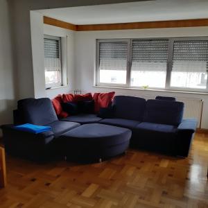 a living room with a couch and two windows at Backstubencafe Beck in Ansbach