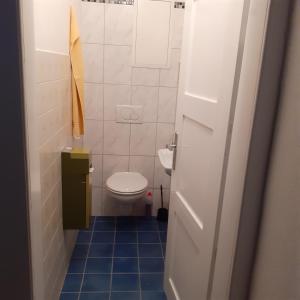 a bathroom with a toilet and a blue tile floor at Backstubencafe Beck in Ansbach