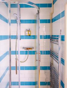 a shower in a bathroom with blue and white tiles at The Bell Inn in Walberswick