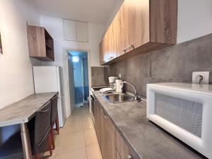 a kitchen with a sink and a microwave at Peraia Studio in Perea