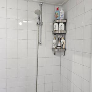 a shower in a white tiled bathroom with bottles on shelves at Il Mulino House B in Lisse