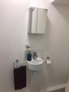 Un baño blanco con lavabo y espejo. en Ashbrook Harwell 18, en Didcot