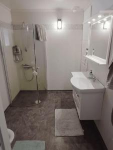 uma casa de banho com um chuveiro, um lavatório e um WC. em Villa Garpenberg em Garpenberg