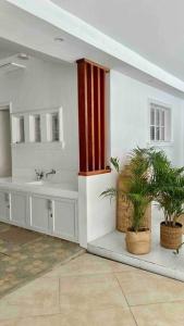 a bathroom with a sink and two potted plants at The White Villa in Lipa in Lipa