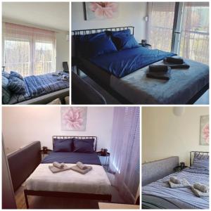 four different pictures of a bedroom with two beds at Studio apartman IN Self check in in Osijek