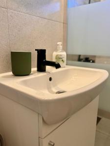 a white bathroom sink with a green cup and a bottle of soap at Panoramic Apartment in Odorheiu Secuiesc