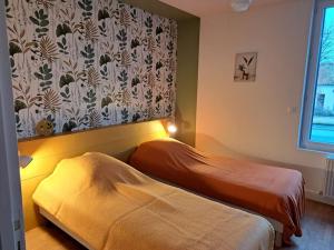 um quarto com 2 camas e uma janela com uma cortina em Jolie Maison 3 chb- 7 lits- jardin em Levroux