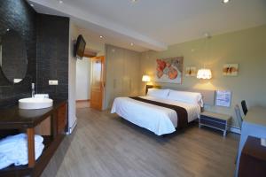モンロヨにあるPosada Guadalupeの大型ベッドとシンクが備わるホテルルームです。