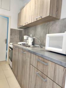a kitchen with a sink and a microwave at Peraia Studio in Perea