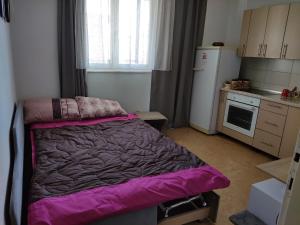 ein kleines Schlafzimmer mit einem Bett mit violetter Bettwäsche in der Unterkunft Stan na dan Bega in Modriča