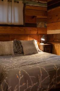 1 cama con 2 almohadas en una habitación en O'Neill Cabin - a rustic reclaimed retreat, en Index