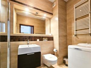 ein Badezimmer mit einem Waschbecken, einem WC und einem Spiegel in der Unterkunft visit baltic - Platan in Świnoujście
