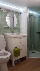 y baño con lavabo, aseo y espejo. en Chambre cosy dans petit loft, en París