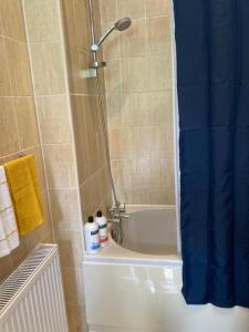 a shower with a blue shower curtain in a bathroom at Gresham House - London Excel in London