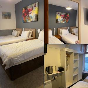 three pictures of a hotel room with two beds at Bromptons in Blackpool