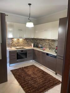 a kitchen with stainless steel appliances and a rug at Guest house GN in Naousa Imathias