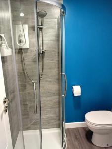 a bathroom with a shower and a toilet at Smart modern studio flat in central Bournemouth in Bournemouth