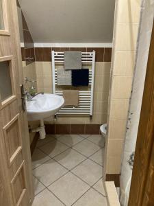 a bathroom with a sink and a toilet and a window at Ubytování Pohoda in Šumperk