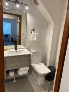 a bathroom with a white toilet and a sink at Termas Palguin in Pucón