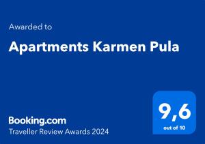 een blauw teken met de woorden aanvragers karmen pula bij Apartments Karmen Pula in Pula