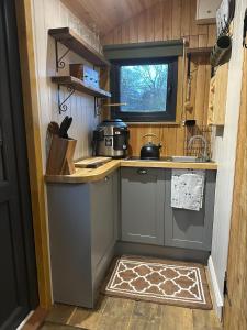 霍普的住宿－Jack's Shepherd Hut，一个带柜台和水槽的小厨房