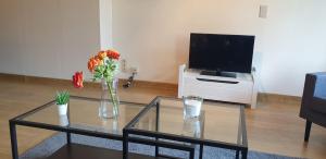 ein Wohnzimmer mit einer Vase aus Blumen und einem TV in der Unterkunft Appartement Blankenberge in Blankenberge