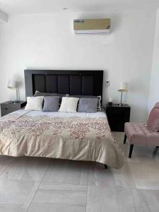 ein Schlafzimmer mit einem großen Bett und einem Stuhl in der Unterkunft La casa de los colibríes in Hacienda Blanca