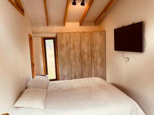 a bedroom with a bed and a flat screen tv at Casa en el bosque-tinaja in Puerto Octay
