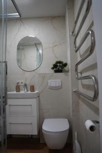 a bathroom with a white toilet and a mirror at Studio Anna in Panevėžys